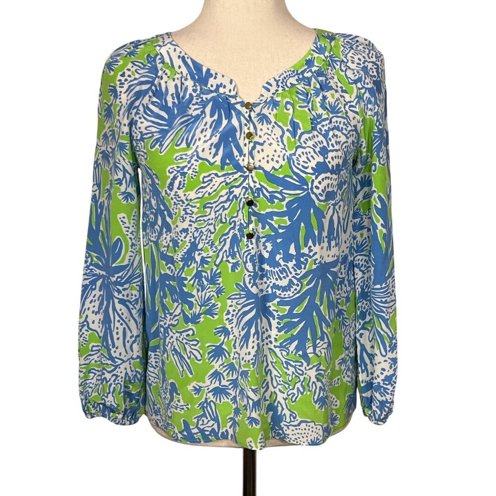LILLY PULITZER 100% Silk Elsa Blouse in Limeade Biggest Fan Sz XS EUC #86458